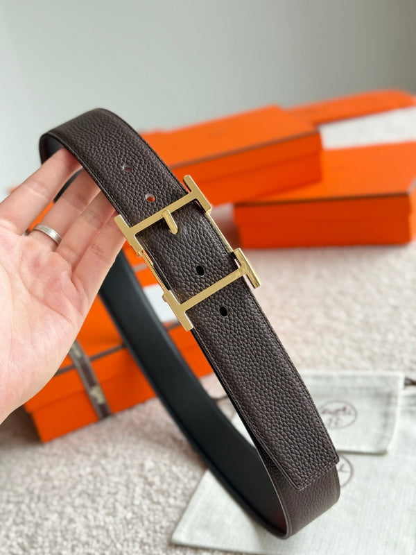 HM Gold Hadrien Reversible 38mm Belt Black Chocolate Leather 188080