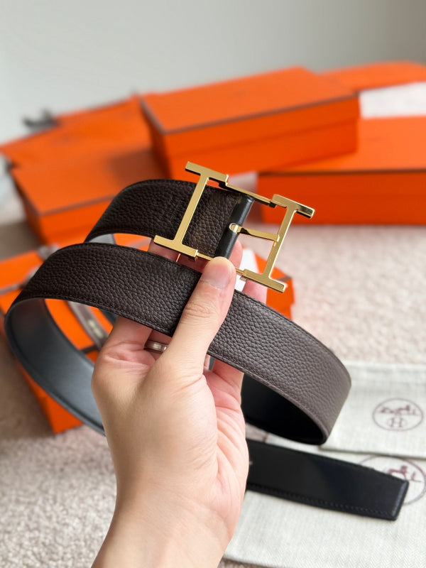 HM Gold Hadrien Reversible 38mm Belt Black Chocolate Leather 188080