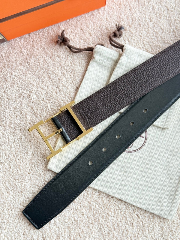 HM Gold Hadrien Reversible 38mm Belt Black Chocolate Leather 188080