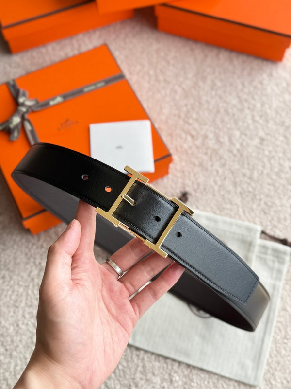 HM Gold Hadrien Reversible 38mm Belt Black Chocolate Leather 188080