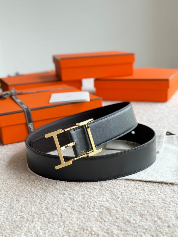HM Gold Hadrien Reversible 38mm Belt Black Chocolate Leather 188080