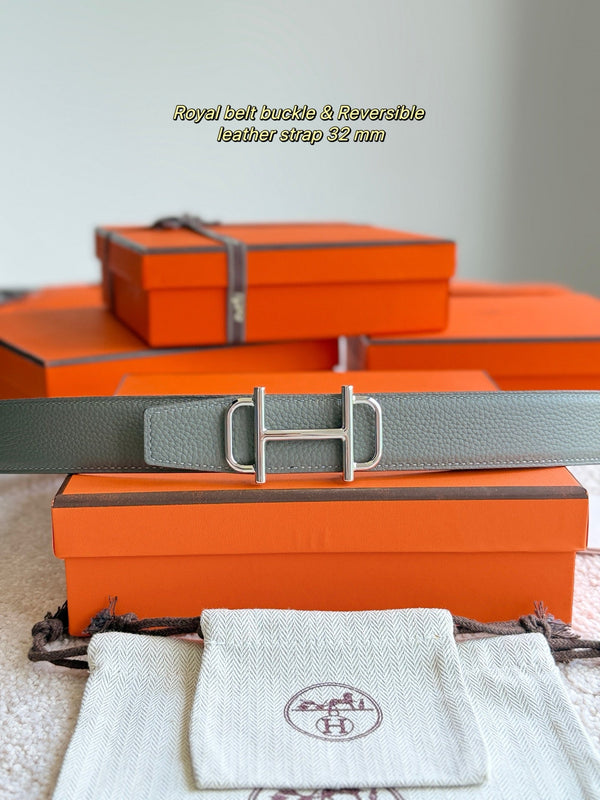 HM Silver Buckle 32mm Royal Belt Gray Brown Leather 188422