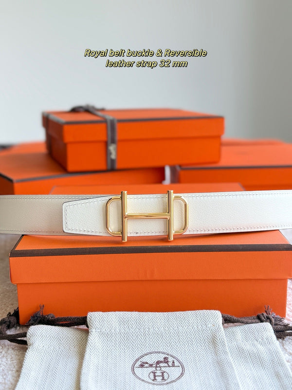 HM Gold Buckle 32mm Royal Belt Ivory Leather 188425