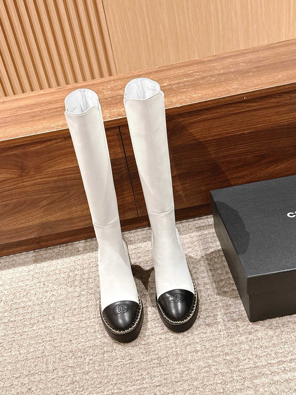 CC 25 Chelsea High Boots With Chain 85mm Black White Calfskin 428215