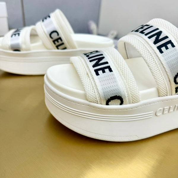 Celine Flatform Dad Sandal Mule White Fabric with Rubber 238141