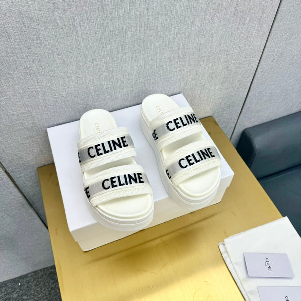 Celine Flatform Dad Sandal Mule White Fabric with Rubber 238141