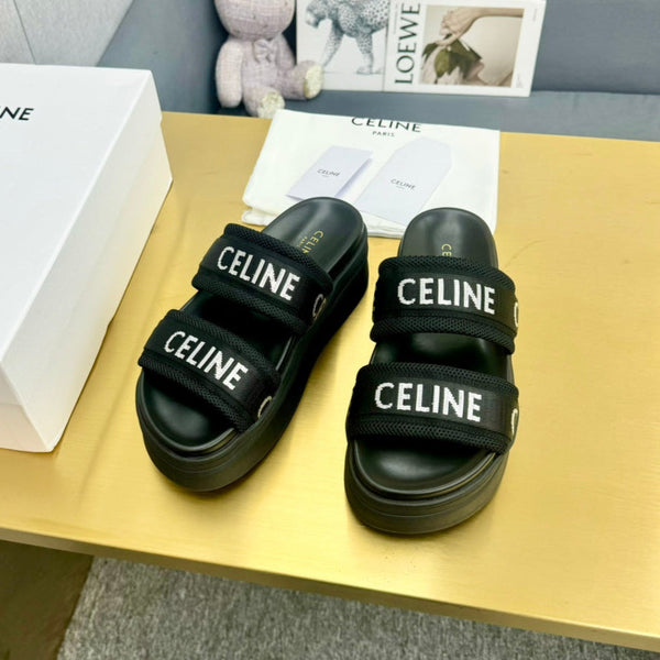 Celine Flatform Dad Sandal Mule Black Fabric with Rubber 238142