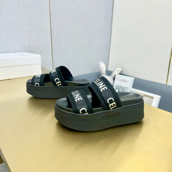 Celine Flatform Dad Sandal Mule Black Fabric with Rubber 238142