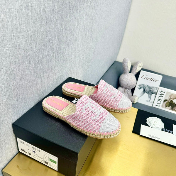 espadrilles mule pink white tweed cotton white sequin