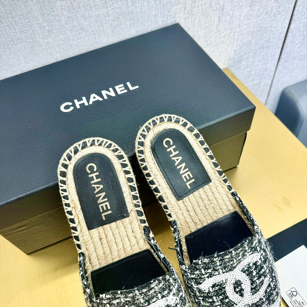 espadrilles mule black white tweed white sequin