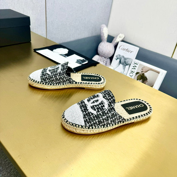 espadrilles mule black white tweed white sequin