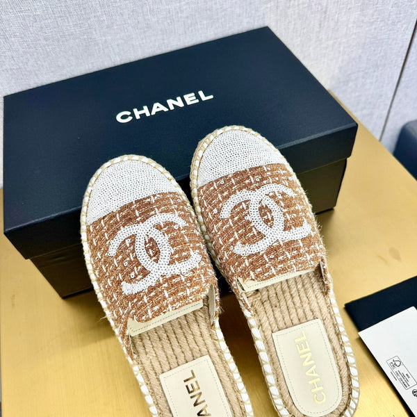 espadrilles mule brown wool white sequin