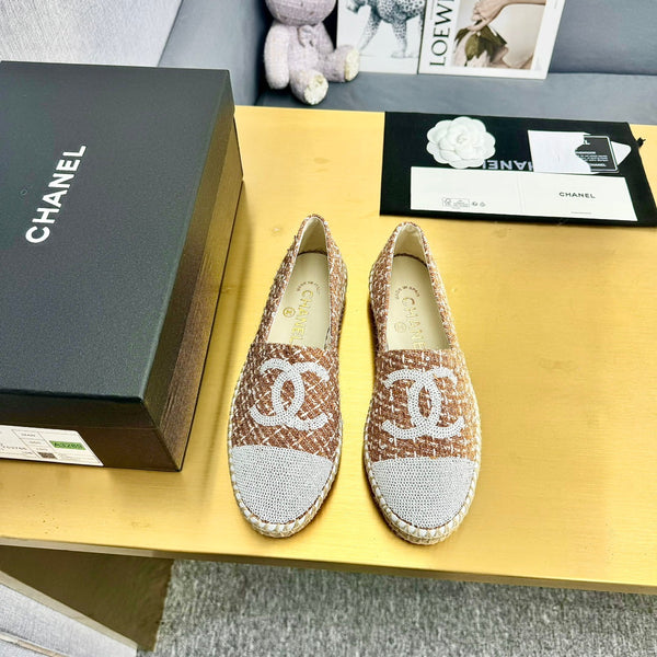 espadrilles brown tweed white sequin