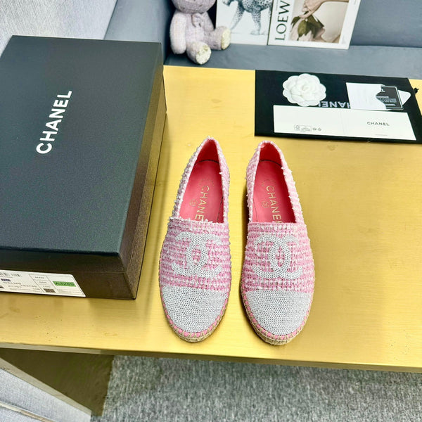 espadrilles pink white tweed cotton white sequin