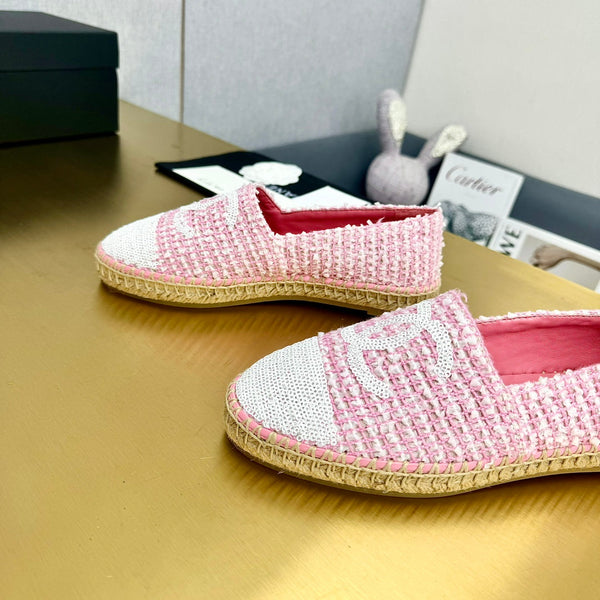 espadrilles pink white tweed cotton white sequin