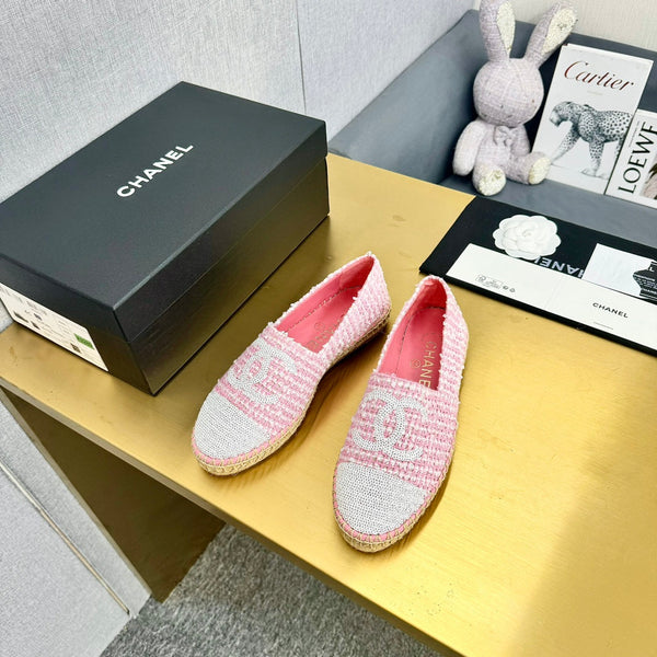 espadrilles pink white tweed cotton white sequin