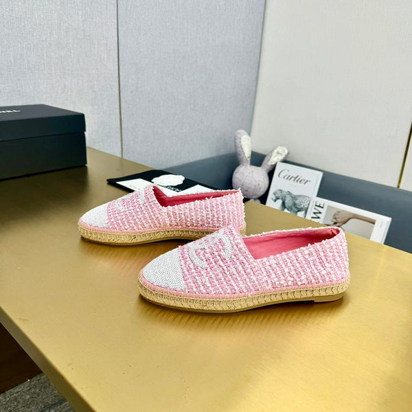 espadrilles pink white tweed cotton white sequin