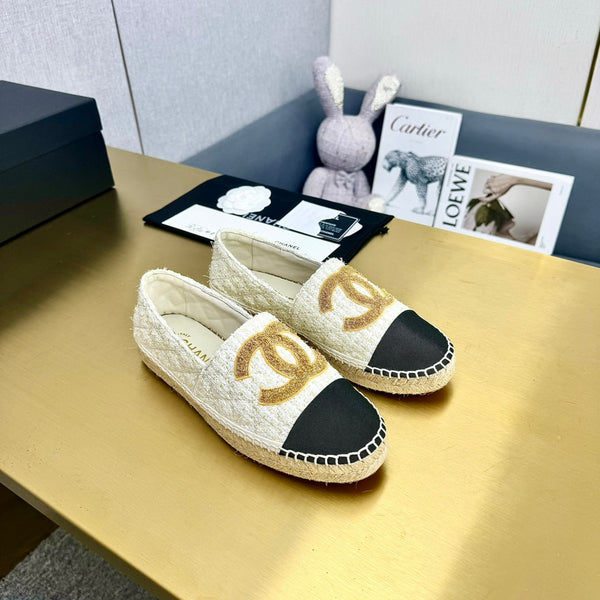 espadrilles yellow white tweed black grosgrain