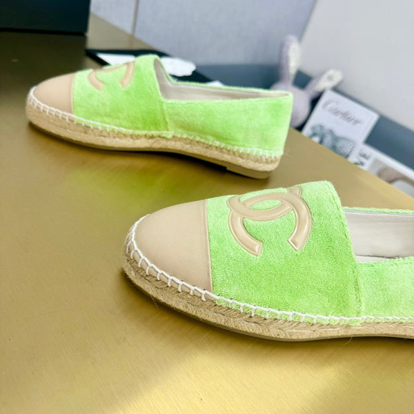 espadrilles green fabric beige calfskin