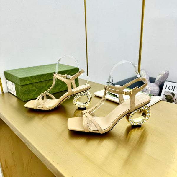 MEDIUM-HEEL SANDAL IN TAN BEIGE CALFSKIN WITH RHINSTONES