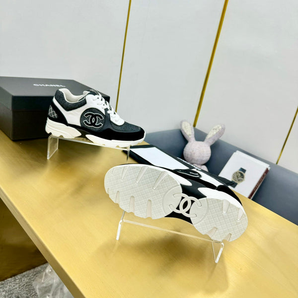 cc womens sneaker in white black wool tweed and black suede calfskin 137606