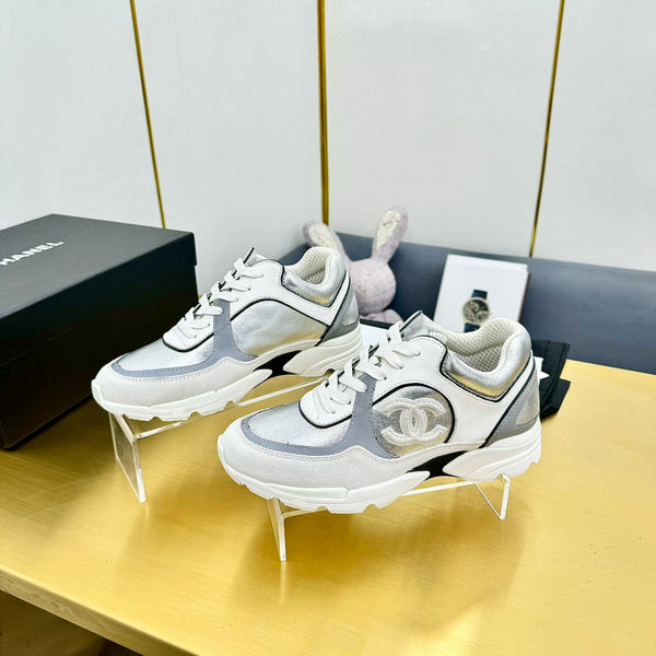 cc womens sneaker in silver wool tweed and white grey suede calfskin 137608