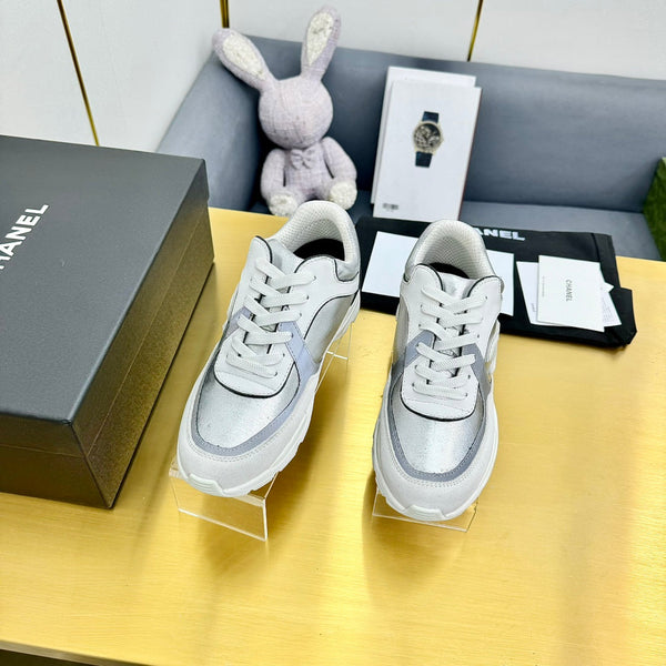 cc womens sneaker in silver wool tweed and white grey suede calfskin 137608