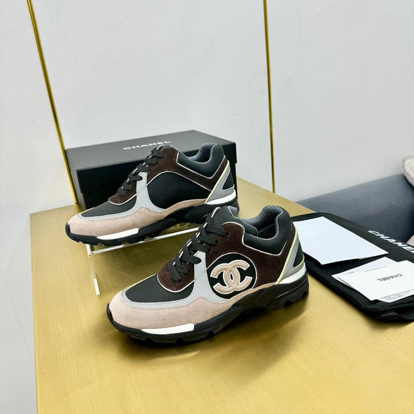 cc womens sneaker in black white calfskin and beige brown suede 137614