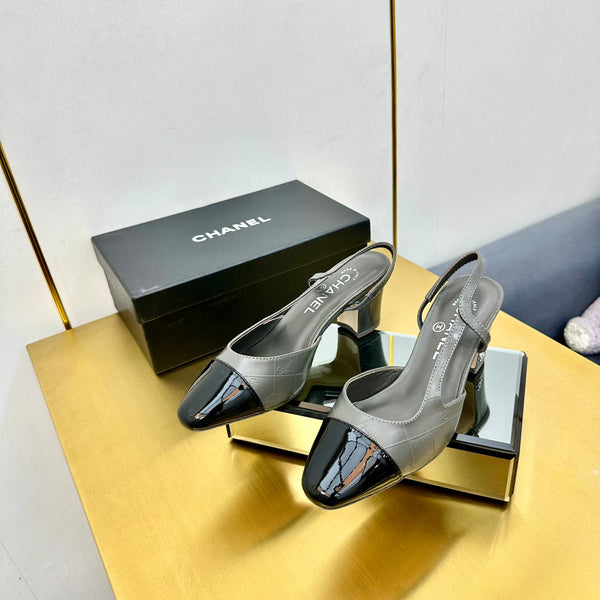 cc slingback pumps 65 in grey lambskin and black patent calfskin 137435