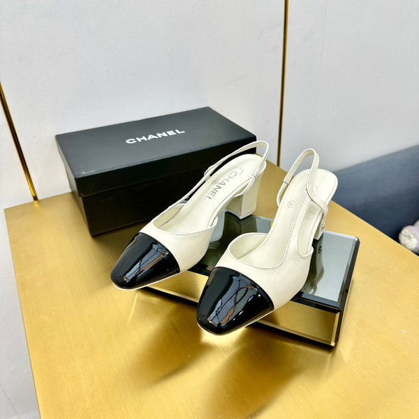 cc slingback pumps 65 in cream lambskin and black patent calfskin 137437