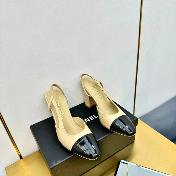 cc slingback pumps 90 in beige lambskin and black patent calfskin 137450