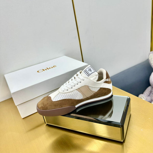 Choloe Kick Sneaker White Mesh Brown Suede