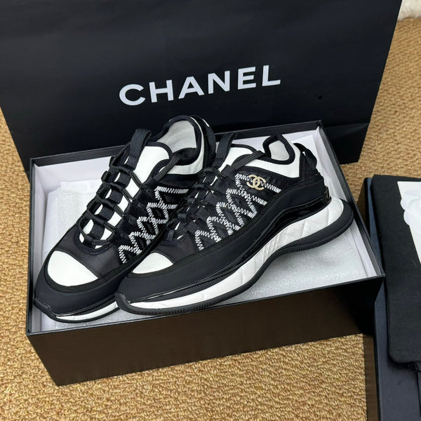 CC Sneaker Black Mix White Calfskin And Silk Parachute Fabric 947509