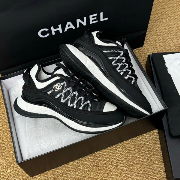 CC Sneaker Black Mix White Calfskin And Silk Parachute Fabric 947509