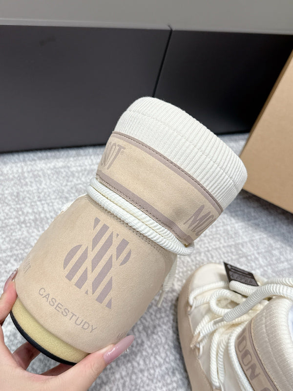 Moon Boot Icon White Beige Geometric Print Leather Cavas 515585