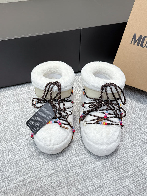 Moon Boot Icon Low Faux Fur White with Beaded Brown Laces 515590