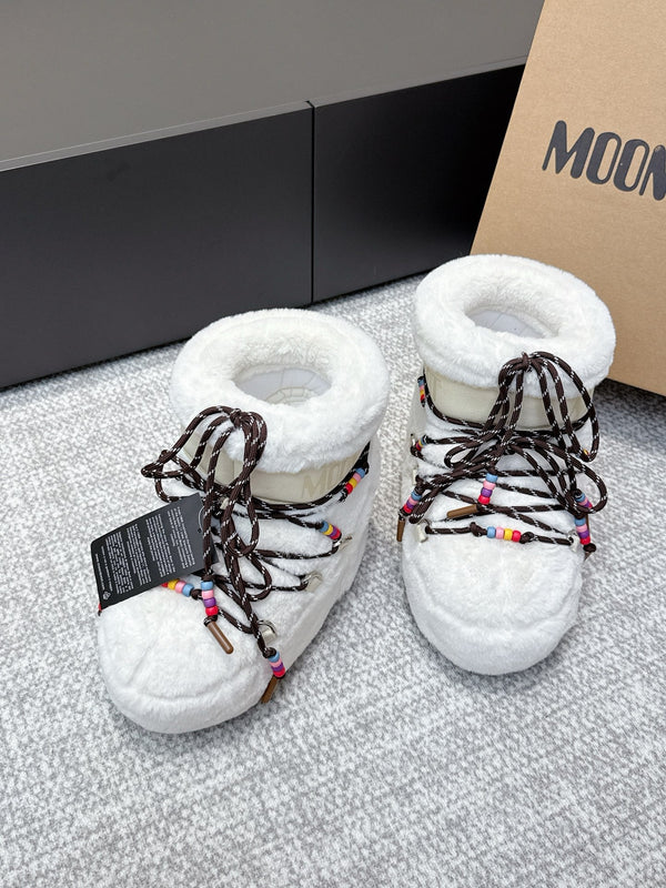 Moon Boot Icon Low Faux Fur White with Beaded Brown Laces 515590