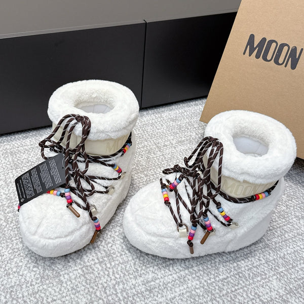 Moon Boot Icon Low Faux Fur White with Beaded Brown Laces 515590