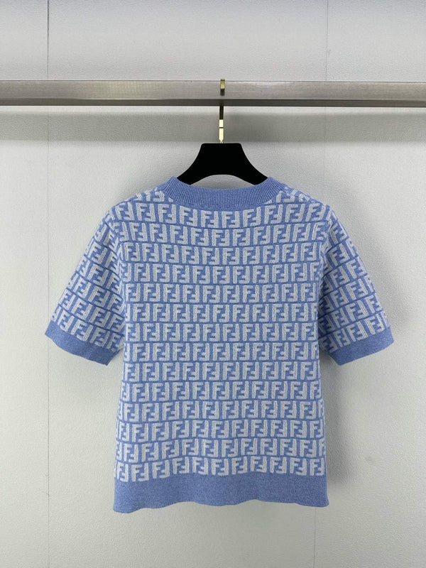Fendi 25 Knitted Round Neck Short Sleeves Blue Wool F155