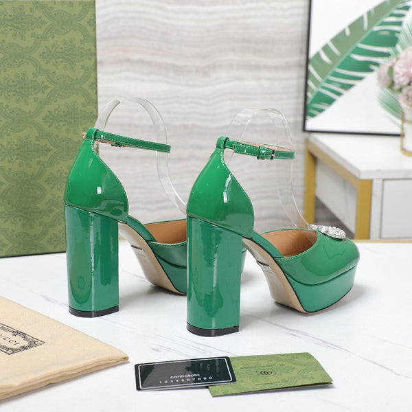 platform pump with double g green patent leather