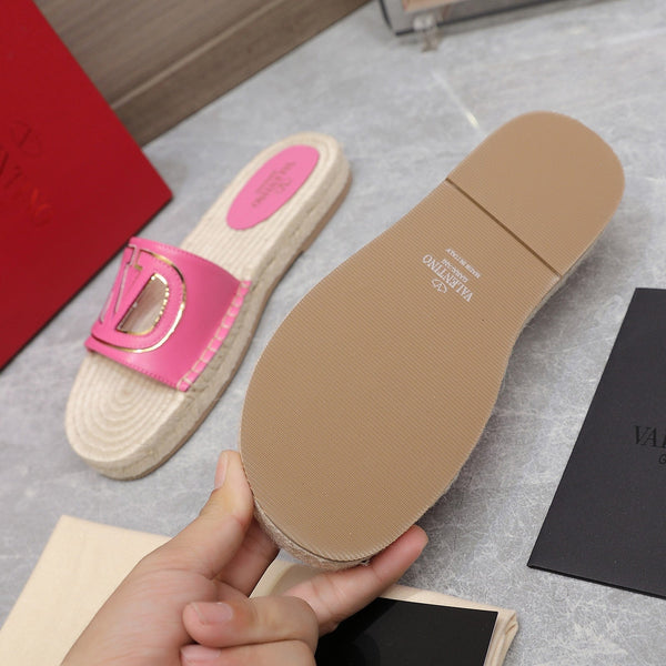 Vlogo Cut-Out Slide 20 Pink Calfskin Beige Sole Raffia
