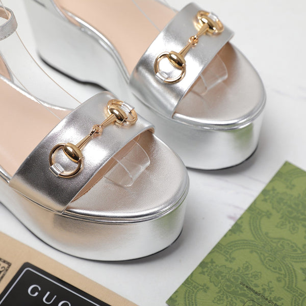GG  Horsebit Wedges Sandals Silver