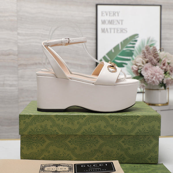 GG  Horsebit Wedges Sandals White