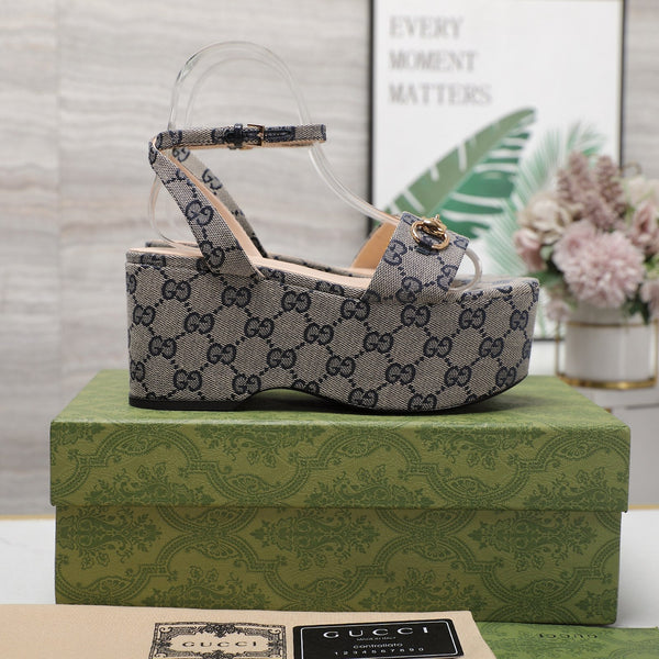 GG  Horsebit Wedges Sandals Grey