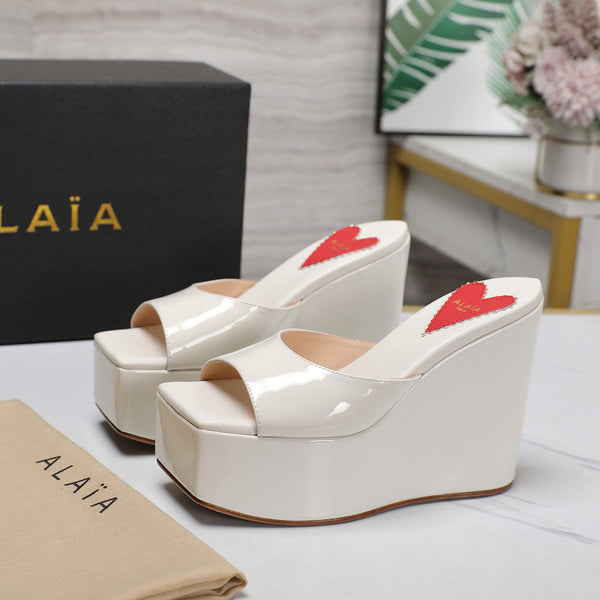 ALAIA PLATFORM WEDGE IN WHITE TAN LAMBSKIN WITH RED HEART