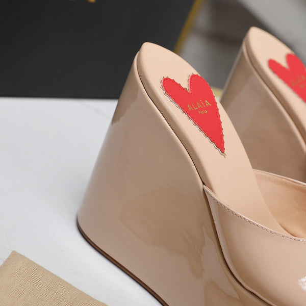 ALAIA PLATFORM WEDGE IN BEIGE TAN LAMBSKIN WITH RED HEART