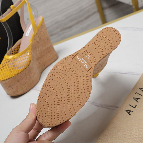 ALAIA WEDGE SANDAL IN YELLOW MESH AND BEIGE RUBBER