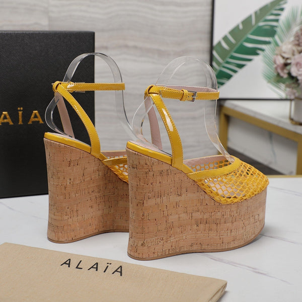 ALAIA WEDGE SANDAL IN YELLOW MESH AND BEIGE RUBBER