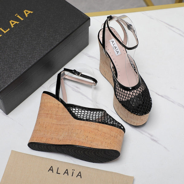 ALAIA WEDGE SANDAL IN BLACK MESH AND BEIGE RUBBER