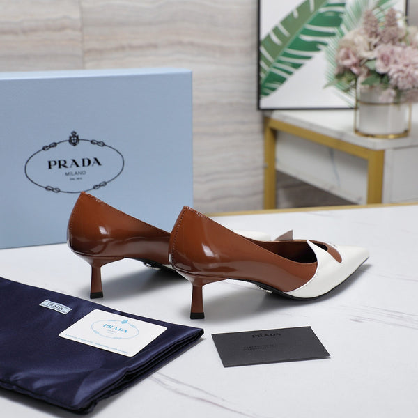 Prada Two-Tone Brushed Pumps 55mm Chocolate White Cowhide 456263